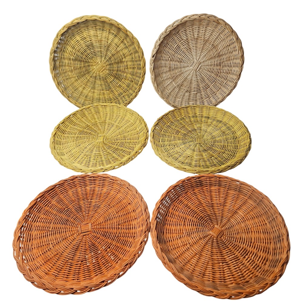 Vtg Wicker Paper Plate Holders Set of 6 Neutral Colors Woven Rattan 10" Round